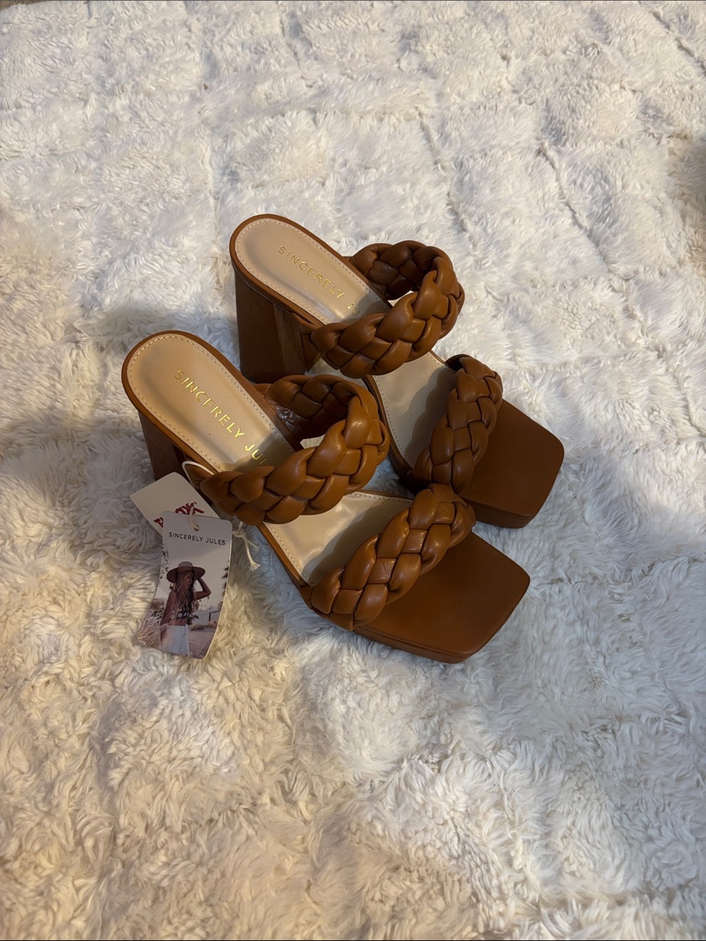 Sincerly Jules Cognac Braided Double-Strap Block Heel Mules